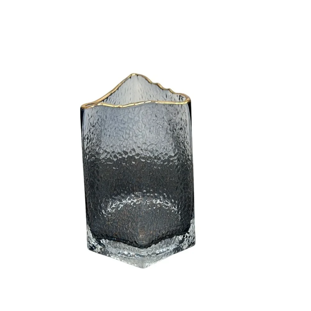 Modern Smoked Blue Hammered Glass Vase Asymmetrical Gold Rim Triangular Hex Base